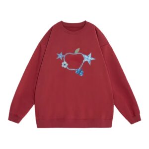 Red Trendy Sweatshirt with Apple Graffiti Print
