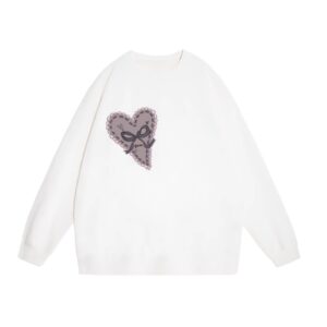White Crew Neck Sweatshirt with Heart and Bow Design